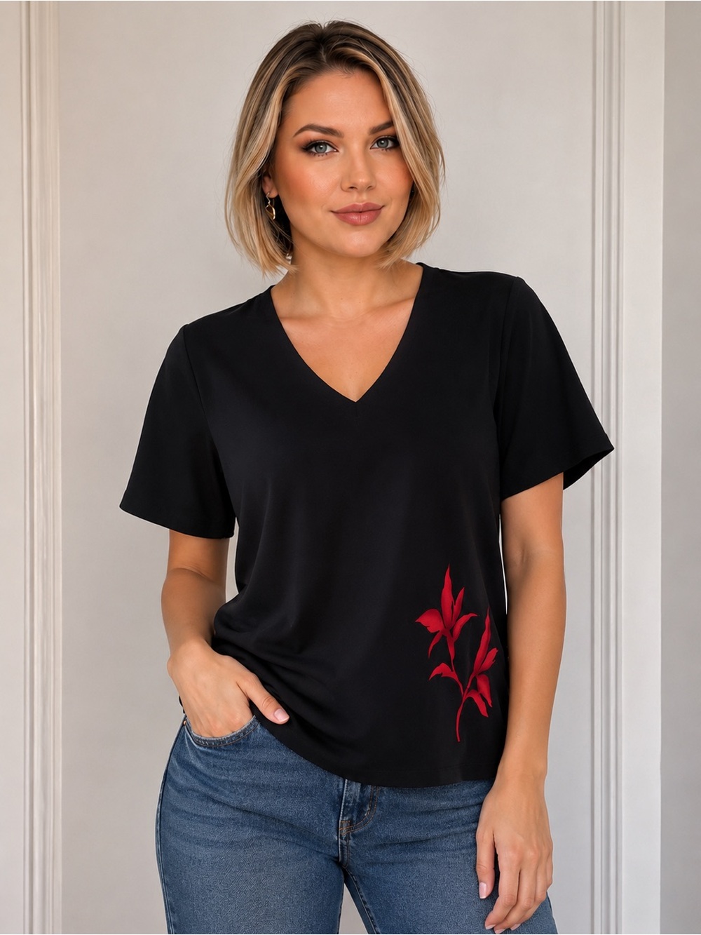Studio I Black V-Neck Tee with Red Floral Detail